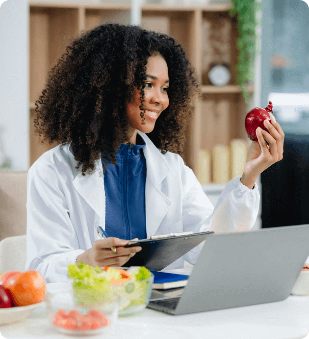 Healt Natural organic products broker empowering retailers with quality wellness products.h professional with clipboard and apple